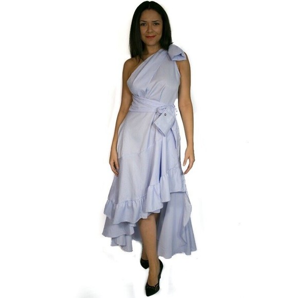 N by Nancy Blue Striped One Shoulder Asymmetric Ruffle Hi-Lo Long Dress NEW - Picture 5 of 5